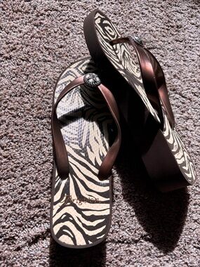 Brighton Brown Zebra-Print Wedge Flip Flops